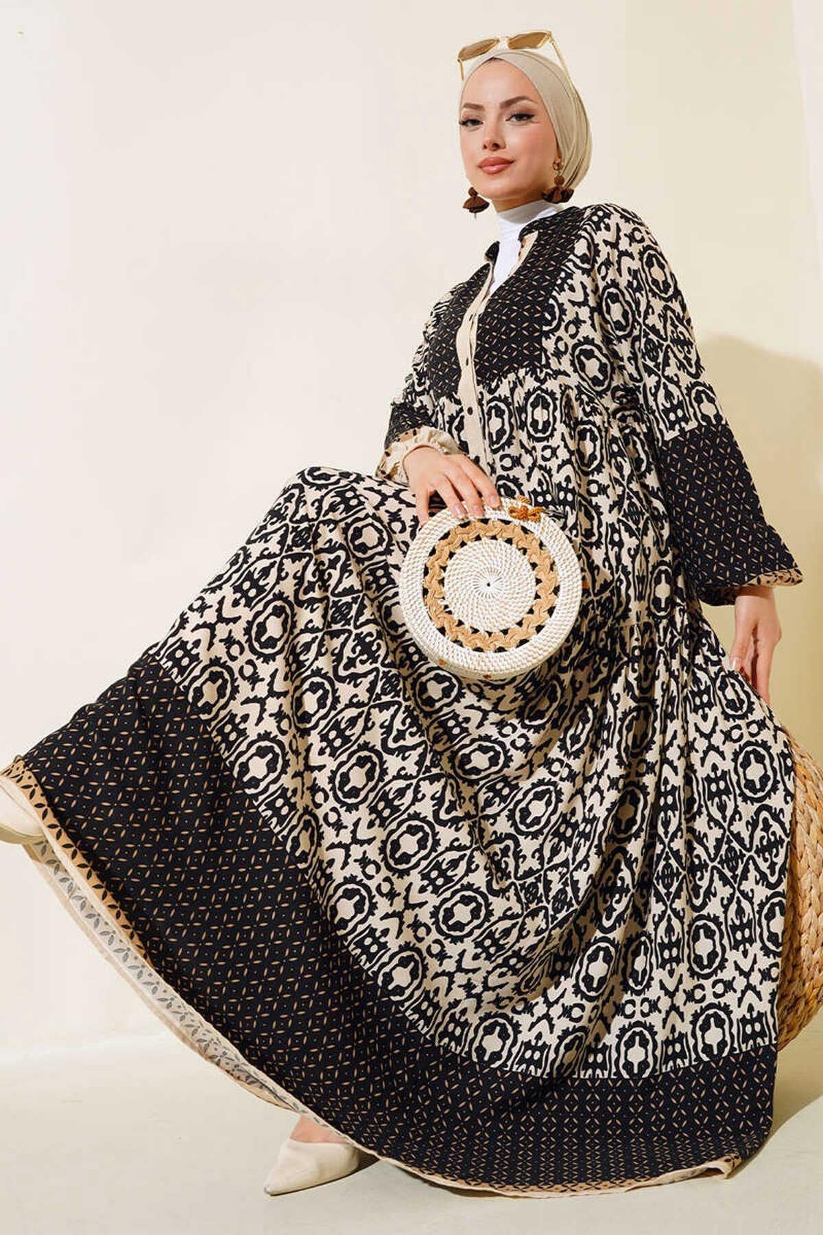 Big Dart Women's Black Cream Patterned Viscose Hijab Dress | Big Dart In Lebanon