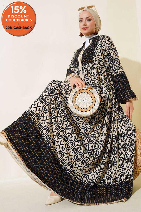 Big Dart Women's Black Cream Patterned Viscose Hijab Dress | Big Dart In Lebanon