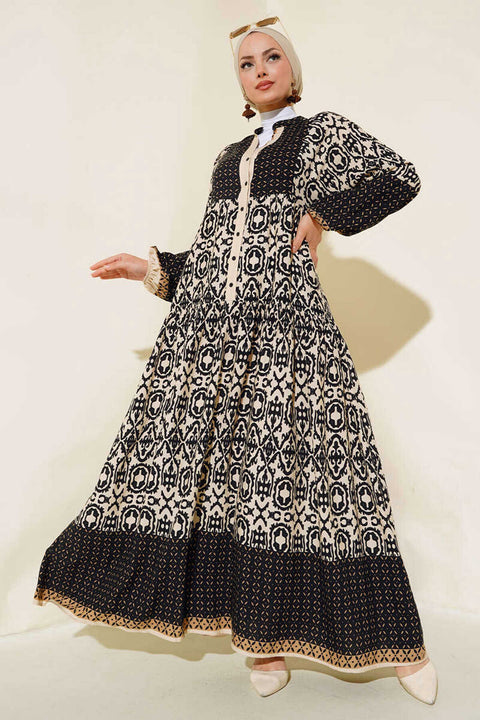 Big Dart Women's Black Cream Patterned Viscose Hijab Dress | Big Dart In Lebanon