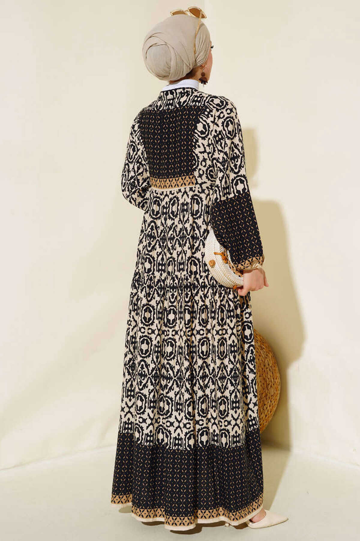 Big Dart Women's Black Cream Patterned Viscose Hijab Dress | Big Dart In Lebanon
