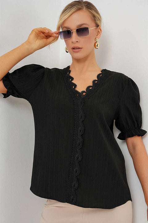 Big Dart Women's V-Neck Lace Black Blouse | Big Dart In Lebanon