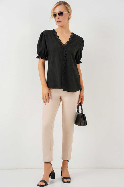 Big Dart Women's V-Neck Lace Black Blouse | Big Dart In Lebanon