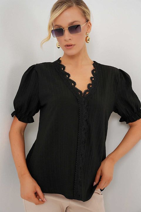 Big Dart Women's V-Neck Lace Black Blouse | Big Dart In Lebanon