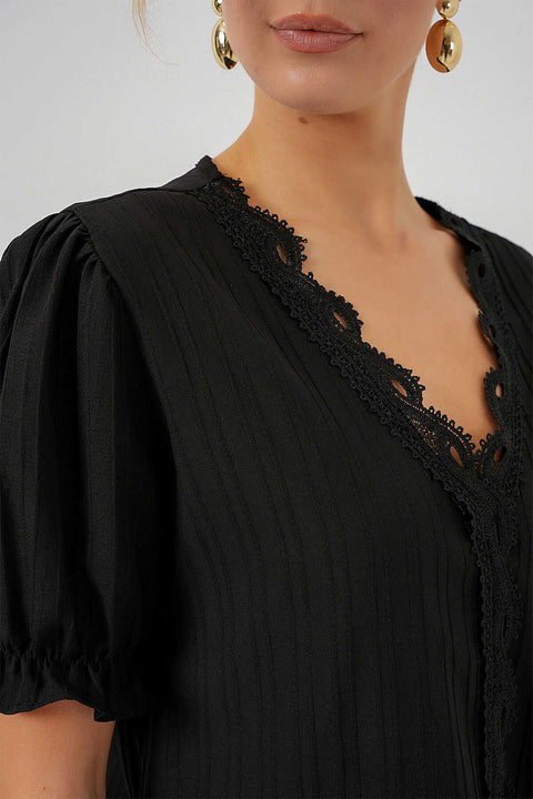 Big Dart Women's V-Neck Lace Black Blouse | Big Dart In Lebanon
