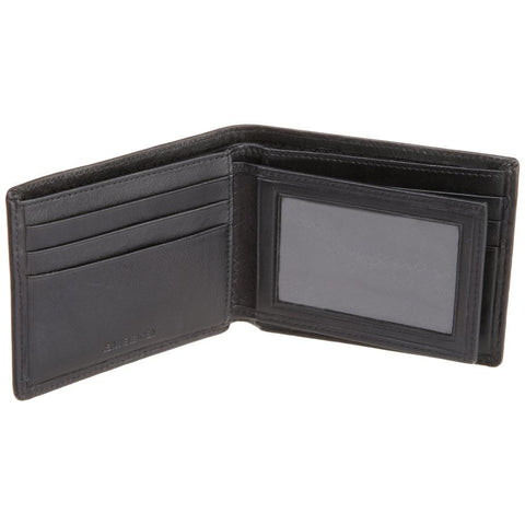 Black leather wallet open on a white background