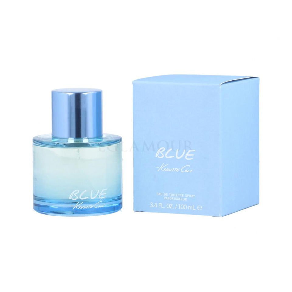 Blue perfume bottle and packaging on a white background