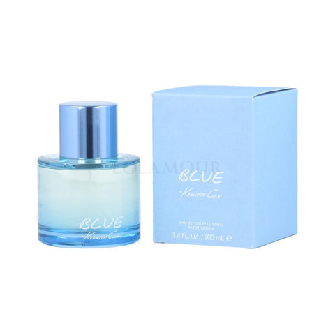 Blue perfume bottle and packaging on a white background