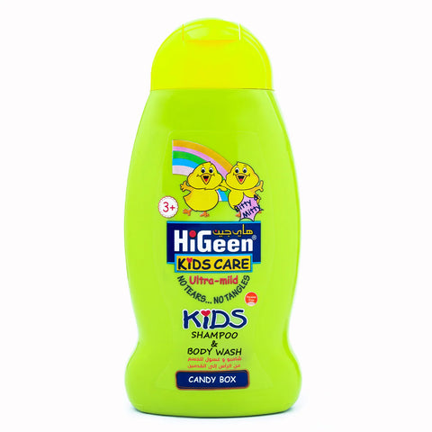 Green bottle of HiGeen Kids Care shampoo and body wash with cartoon characters on a white background