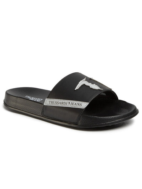 Trussardi Men's Black Flat Logo Patch Slippers |Trussardi In Lebanon