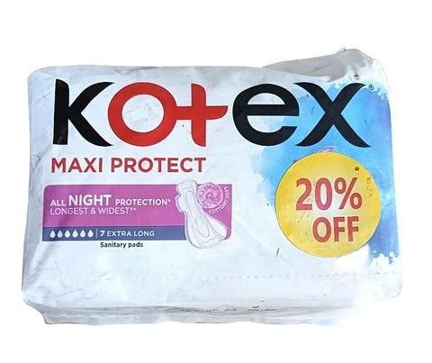 Kotex maxi protect sanitary pads packaging with a 20% off label on a cardboard background