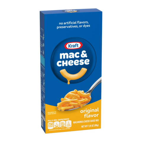 Kraft Mac & Cheese box with blue and yellow design on a white background