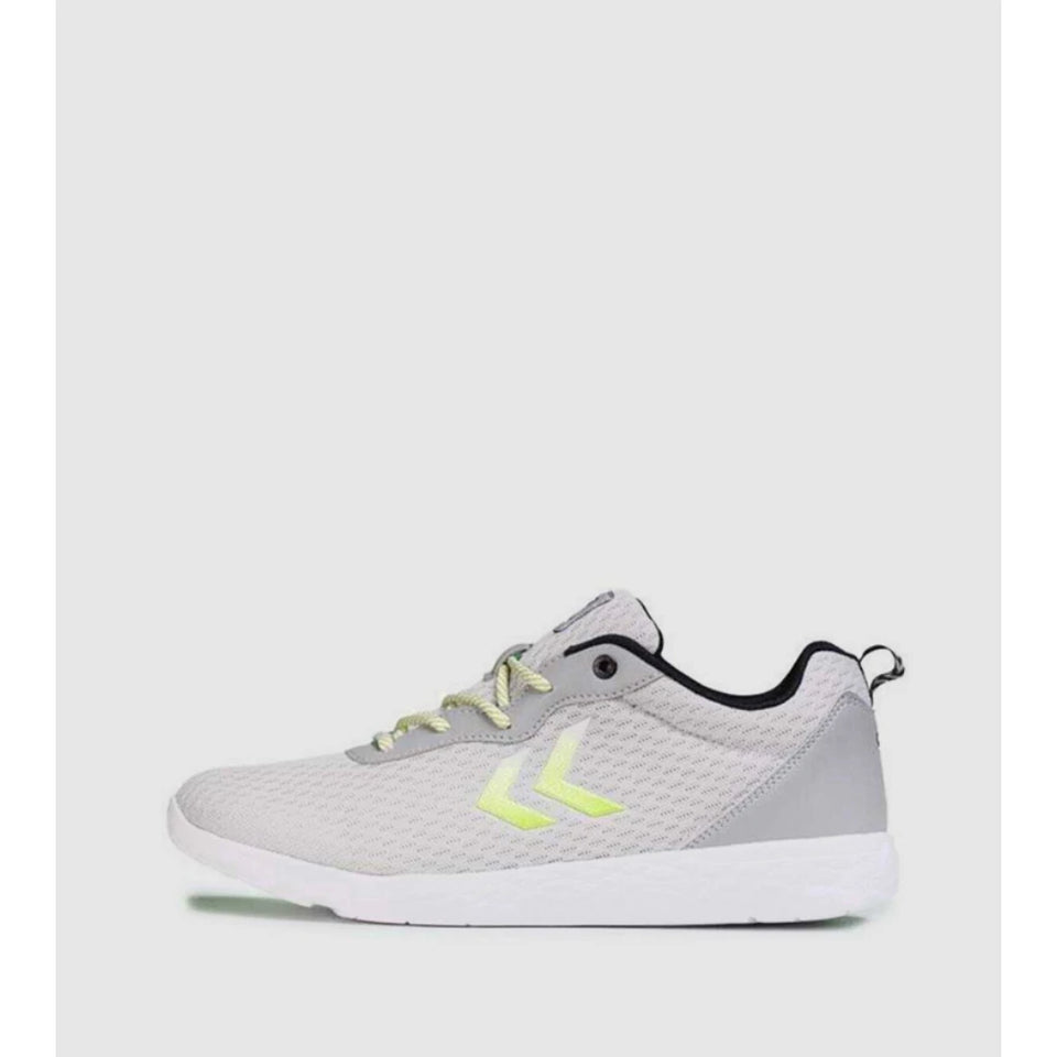 A light gray athletic sneaker with a textured mesh upper, white sole, lime green chevron logo, and lime green laces, shown from a side profile on a light gray background.
