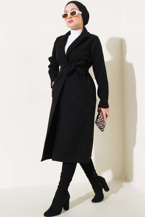 Big Dart Women's Black Belted Double Breasted Long Cashmere Coat | Big Dart In Lebanon