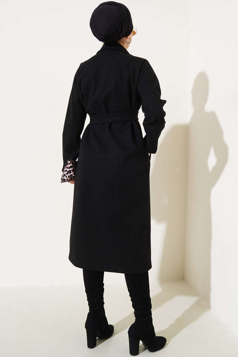 Big Dart Women's Black Belted Double Breasted Long Cashmere Coat | Big Dart In Lebanon