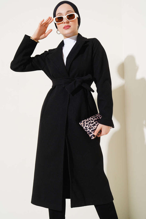 Big Dart Women's Black Belted Double Breasted Long Cashmere Coat | Big Dart In Lebanon