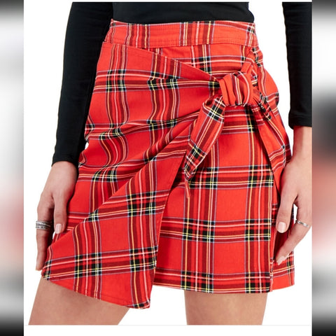Tinseltown Women's Red Plaid Foe Wrap Knot Academia Swifty Skirt|Tinseltown In Lebanon