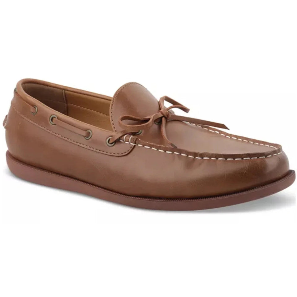 A single brown leather boat shoe with a lace-up front and white contrast stitching, shown from a three-quarters angle on a white background.