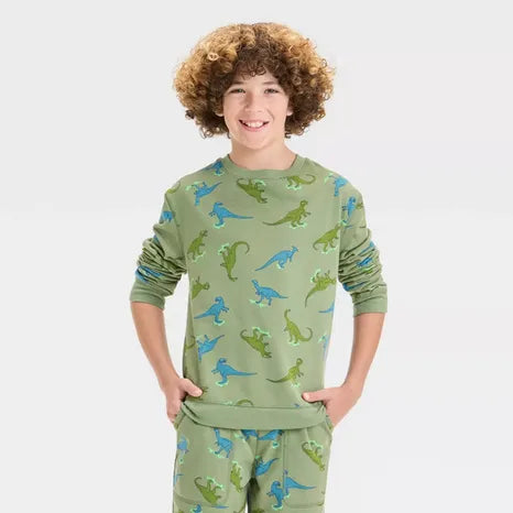 Cat & Jack Boy's Olive Green Dinos Crewneck Sweatshirt & Short Pajama Set | Cat & Jack In Lebanon