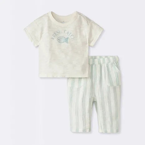 Cloud Island Baby Boy's Fresh Off White & Light Green Catch T-Shirt & Pants Set | Cloud Island In Lebanon