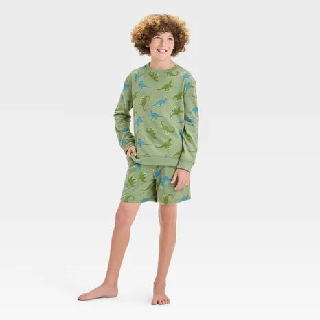 Cat & Jack Boy's Olive Green Dinos Crewneck Sweatshirt & Short Pajama Set | Cat & Jack In Lebanon