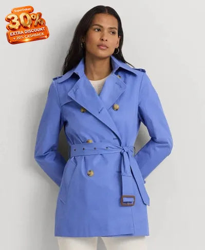Lauren Ralph Lauren Women's Dusty Blue Double-breasted Short Trench Coat | Lauren Ralph Lauren In Lebanon