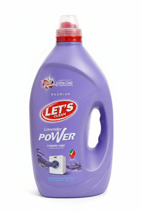 Bottle of Let's Clean laundry detergent with lavender scent on a shelf.