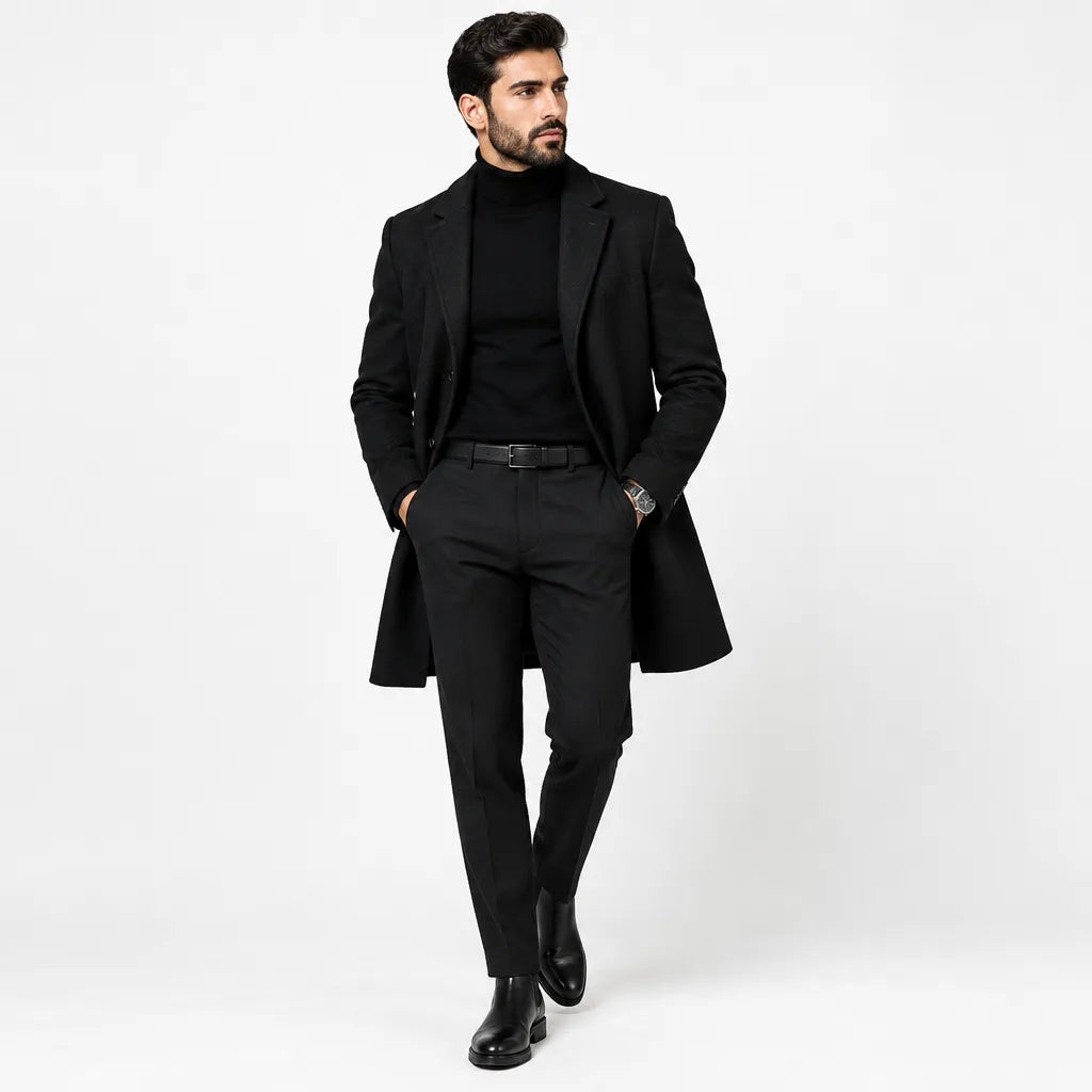 A man modeling a black men's outfit consisting of a longline overcoat, black turtleneck sweater, black trousers, and black dress shoes, photographed against a seamless white studio background.