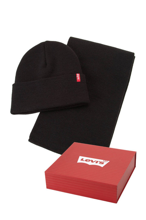 Black beanie and scarf set with a red Levi's box on a white background