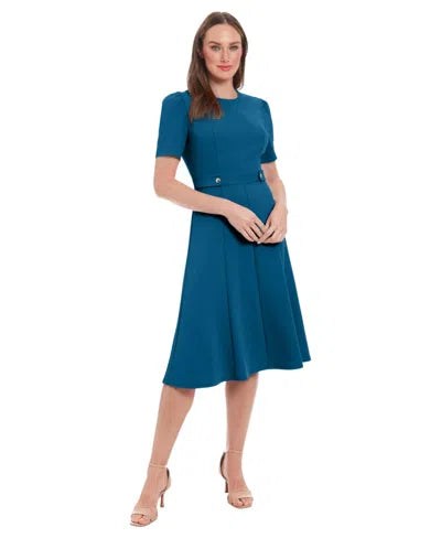 London Times Women's Petrol Petite Fit & Flare Scuba Crepe Midi Dress | London Times In Lebanon