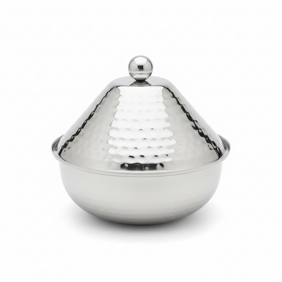Silver metal dome-shaped object on a white background