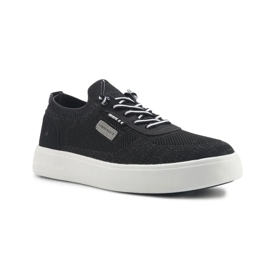 A black knit lace-up sneaker with a thick white platform sole, shown from a three-quarters angle on a white background.