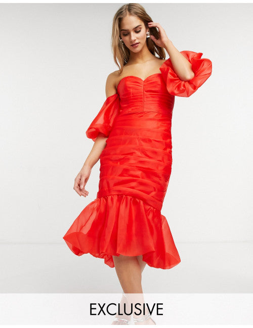 Lusso Women's Red Ruched Balloon Sleeve Dress AMF1103