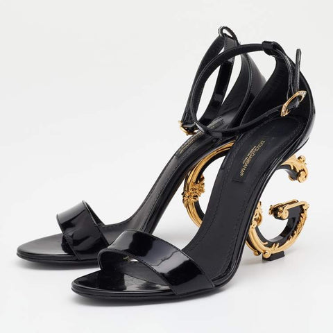 Dolce & Gabbana  Women's Black Patent Leather Keira Baroque Logo Ankle Strap Sandals  | Dolce & Gabbana in Lebanon