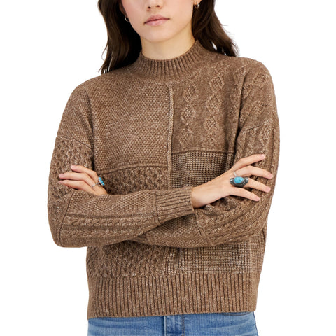 Hippie Rose Women's Dark Beige Mock-Neck Mixed-Stitch Sweatshirt | Hippie Rose Lebanon