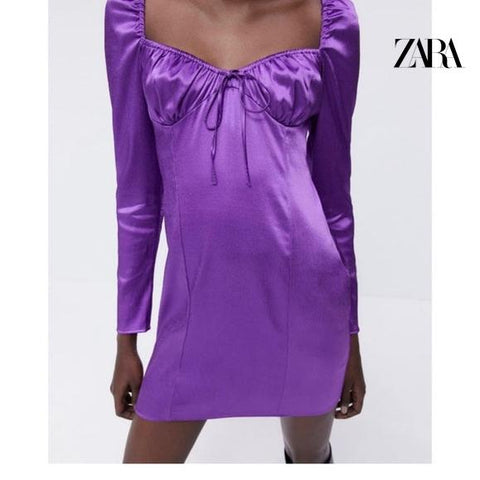 Zara Women's Purple Long-Sleeve Satin Dress | Zara in Lebanon