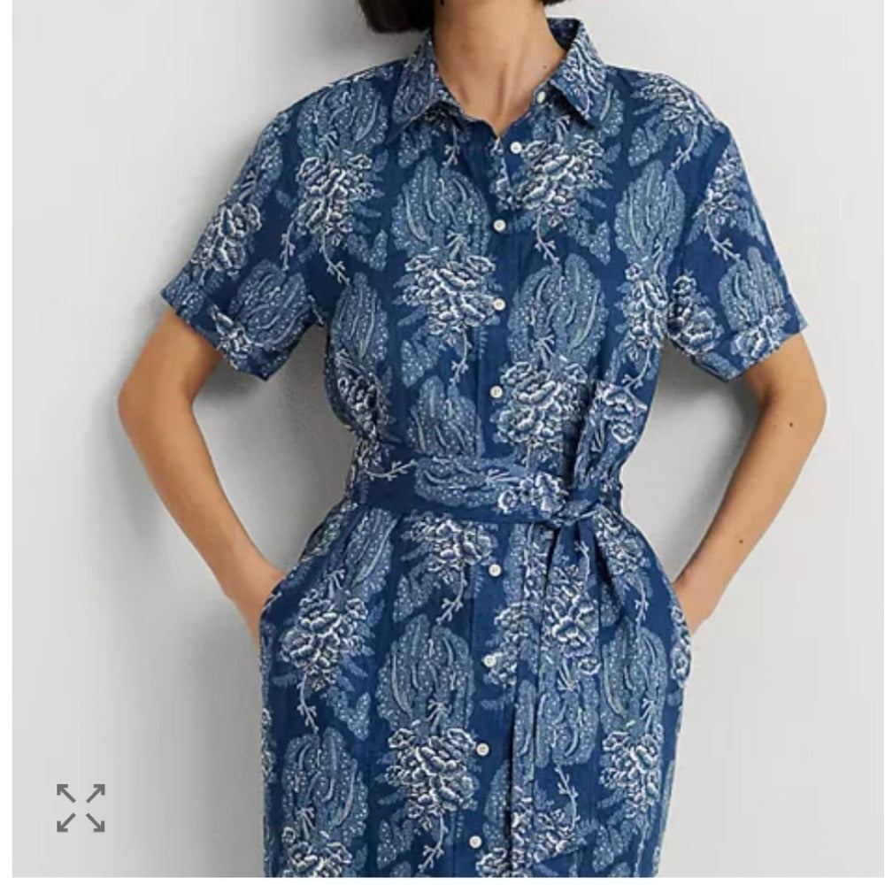 Lauren Ralph Lauren Women's Navy Blue Floral Belted Linen Shirtdress | Lauren Ralph Lauren In Lebanon
