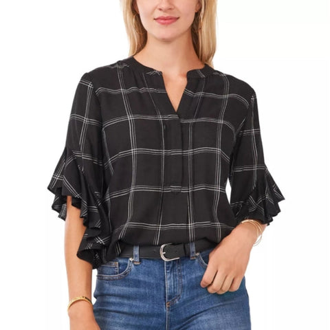 Vince Camuto Women's Black Flutter Sleeve Plaid Henley Blouse |Vince Camuto In Lebanon