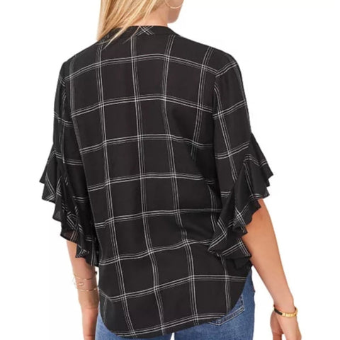 Vince Camuto Women's Black Flutter Sleeve Plaid Henley Blouse |Vince Camuto In Lebanon