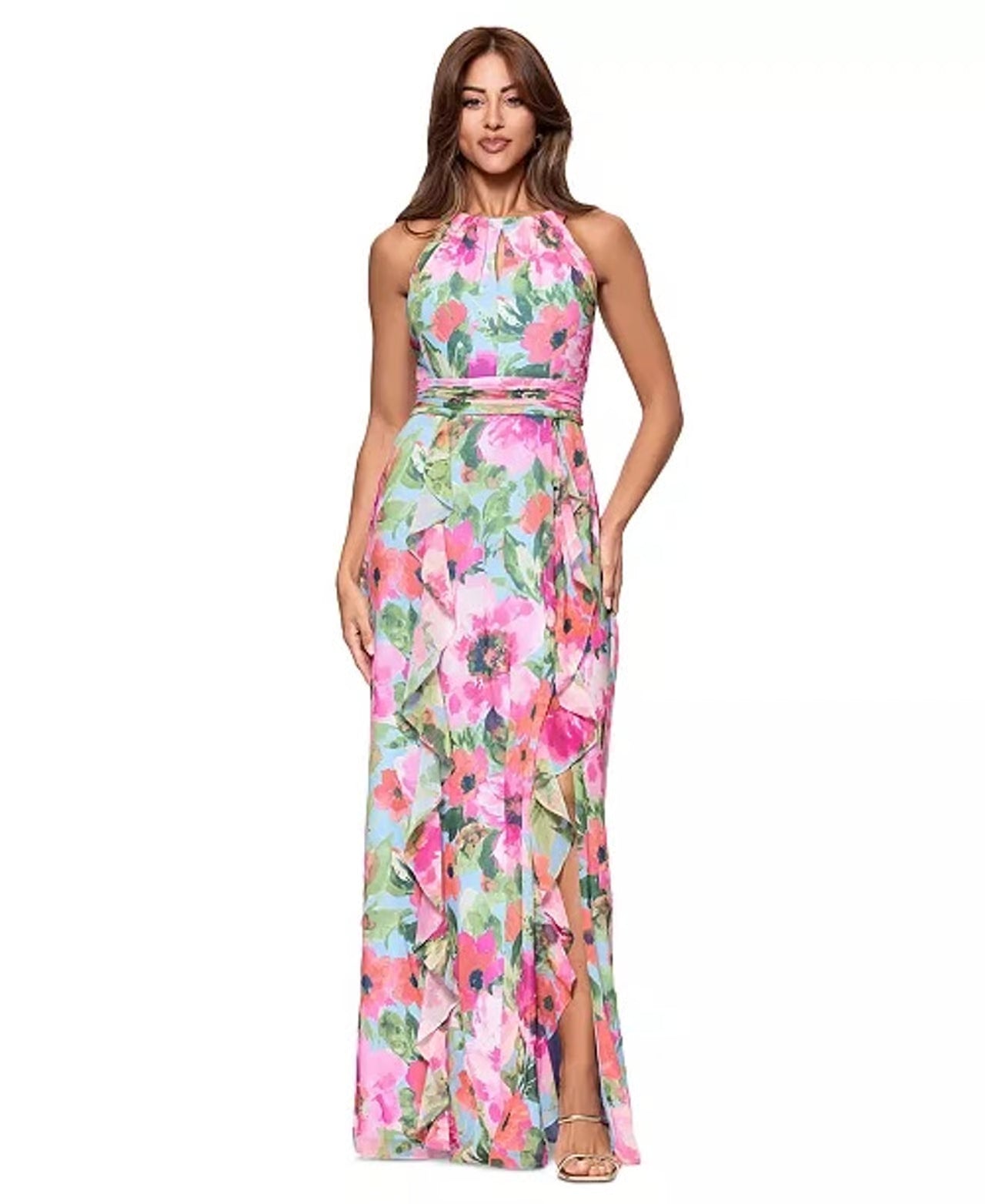 Xscape Women's Multicolor Floral-Print Ruffled Gown Dress | Xscape In Lebanon
