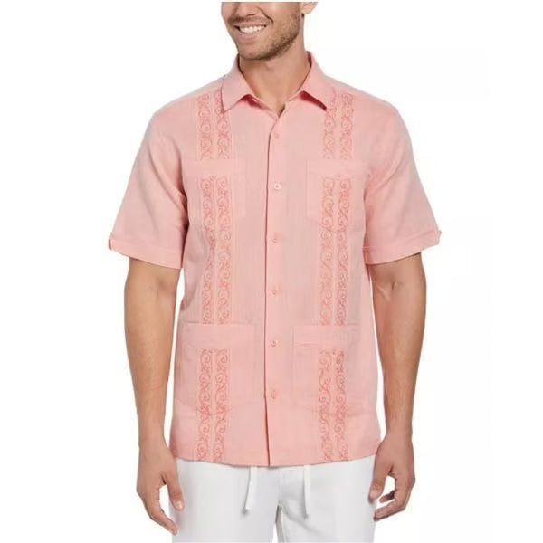 Cubavera Men's Pink Linen Blend Embroidered Panel Guayabera Shirt | Cubavera In Lebanon
