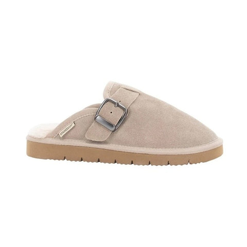 Beige slipper with a buckle on a white background