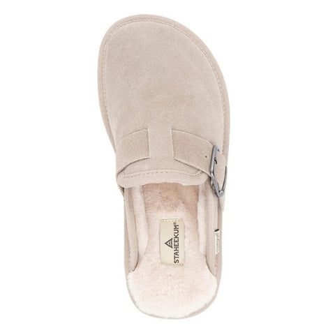 Beige slip-on shoe with a visible brand logo on a white background