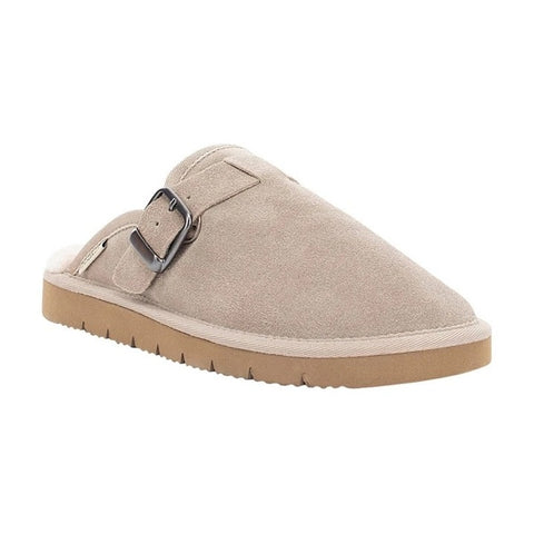 Beige slipper with a buckle on a white background