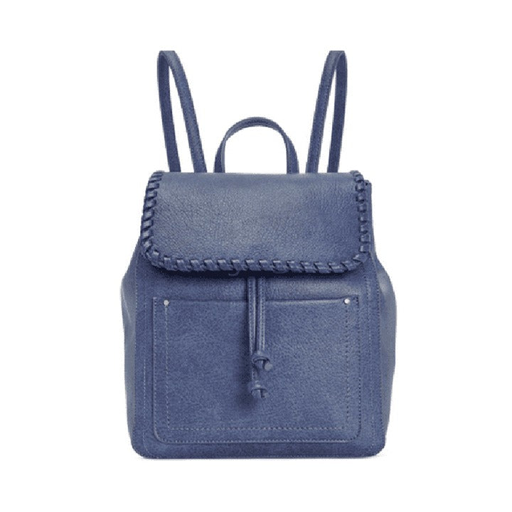 Blue backpack with braided details on a white background