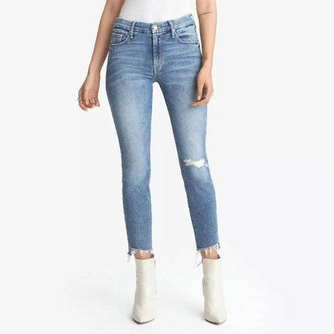 Mother Women's Blue The Looker Ankle Step Fray Skinny Jeans |Mother In Lebanon