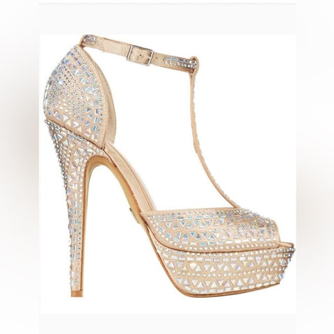 Thalia Sodi Women's Light Beige Chacey Embellished T-Strap Platform Pumps Heeled Sandals | Thalia Sodi in Lebanon