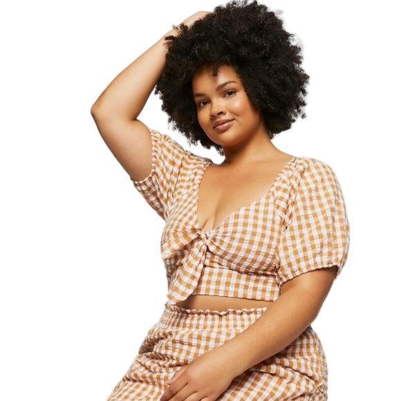 Forever 21 Women‰۪s Brown & White Cropped Gingham Tie Front Blouse |Forever 21 In Lebanon