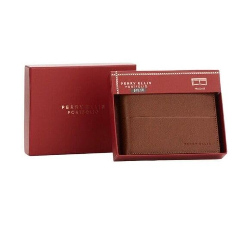 A brown leather portfolio wallet shown in its open red presentation box, with the matching red box standing behind it on a white background. The wallet and box both display the Perry Ellis Portfolio branding.