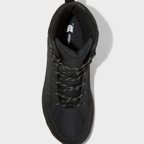 Black sneaker with brand logo on a white background
