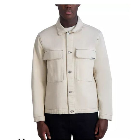 Beige jacket worn by a person on a white background
